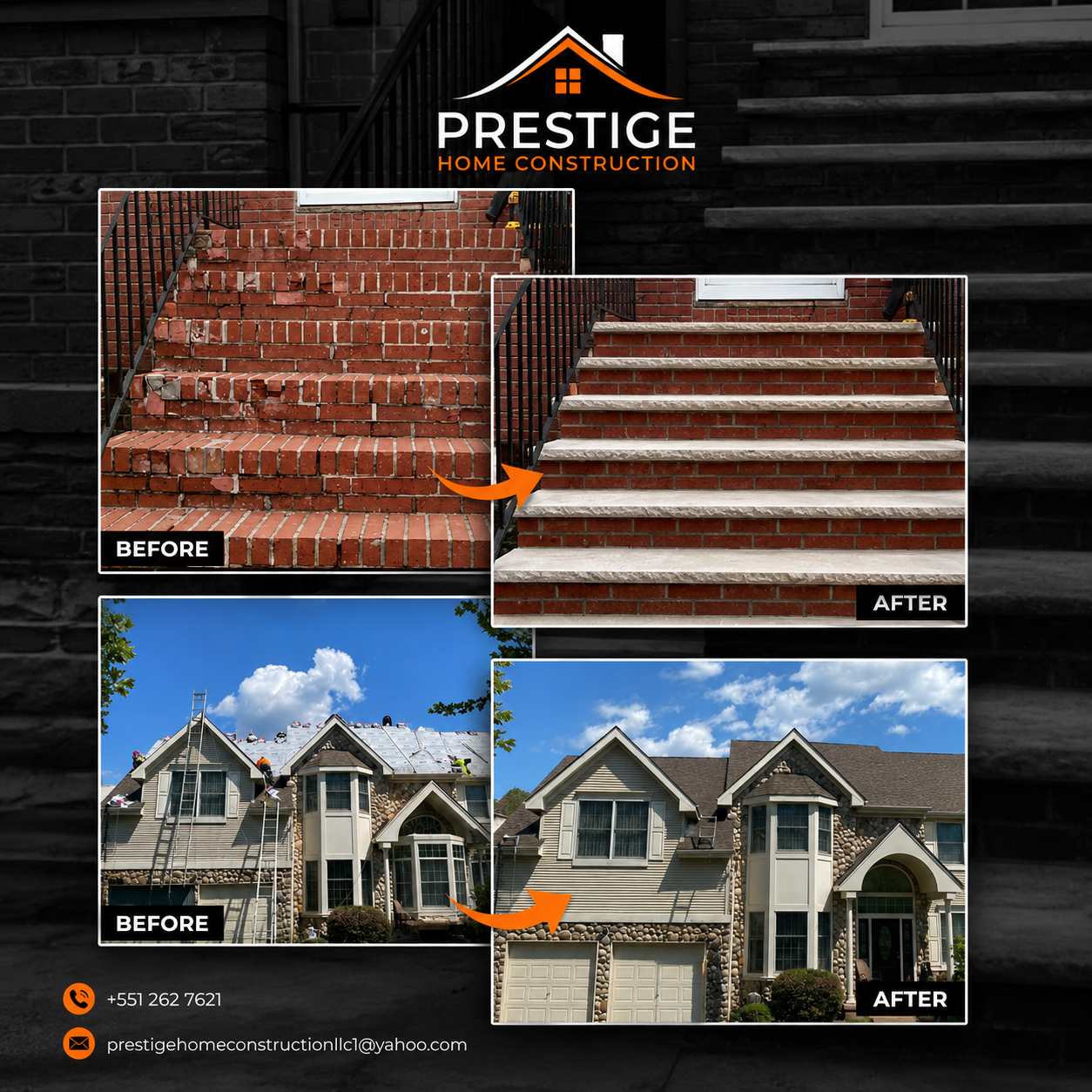 Prestige Home Construction collage showing before and after masonry and roofing transformations